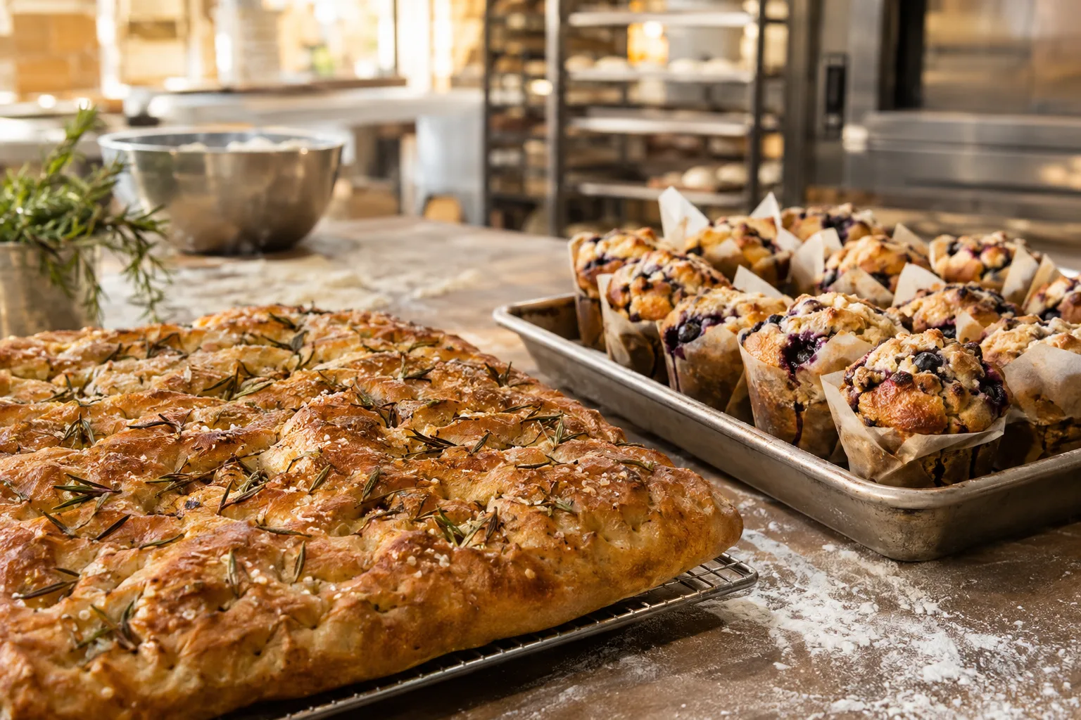 Fresh rosemary focaccia and blueberry muffins on a bakery bench