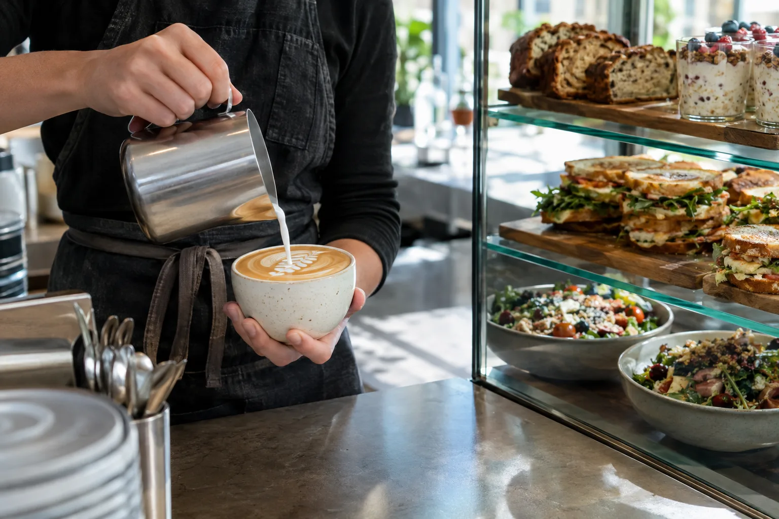 A barista pouring latte art beside a fresh café display