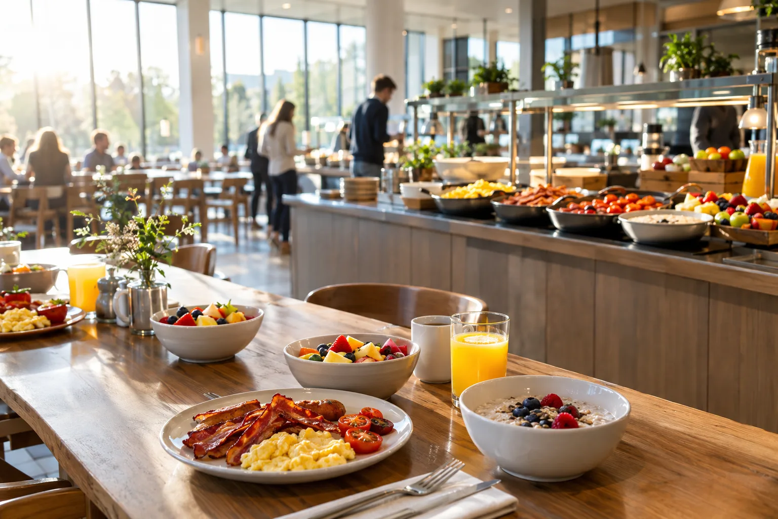 A bright residential dining hall at breakfast service