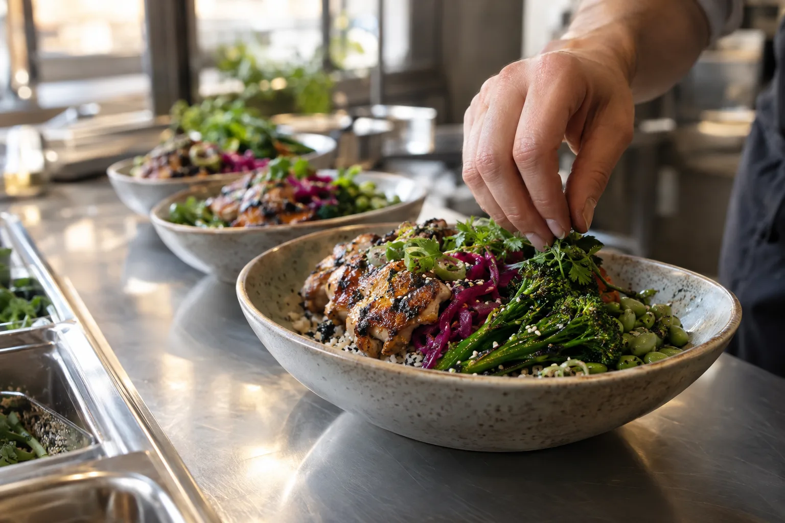 A chef finishing fresh rice bowls with grilled chicken and greens on the kitchen pass