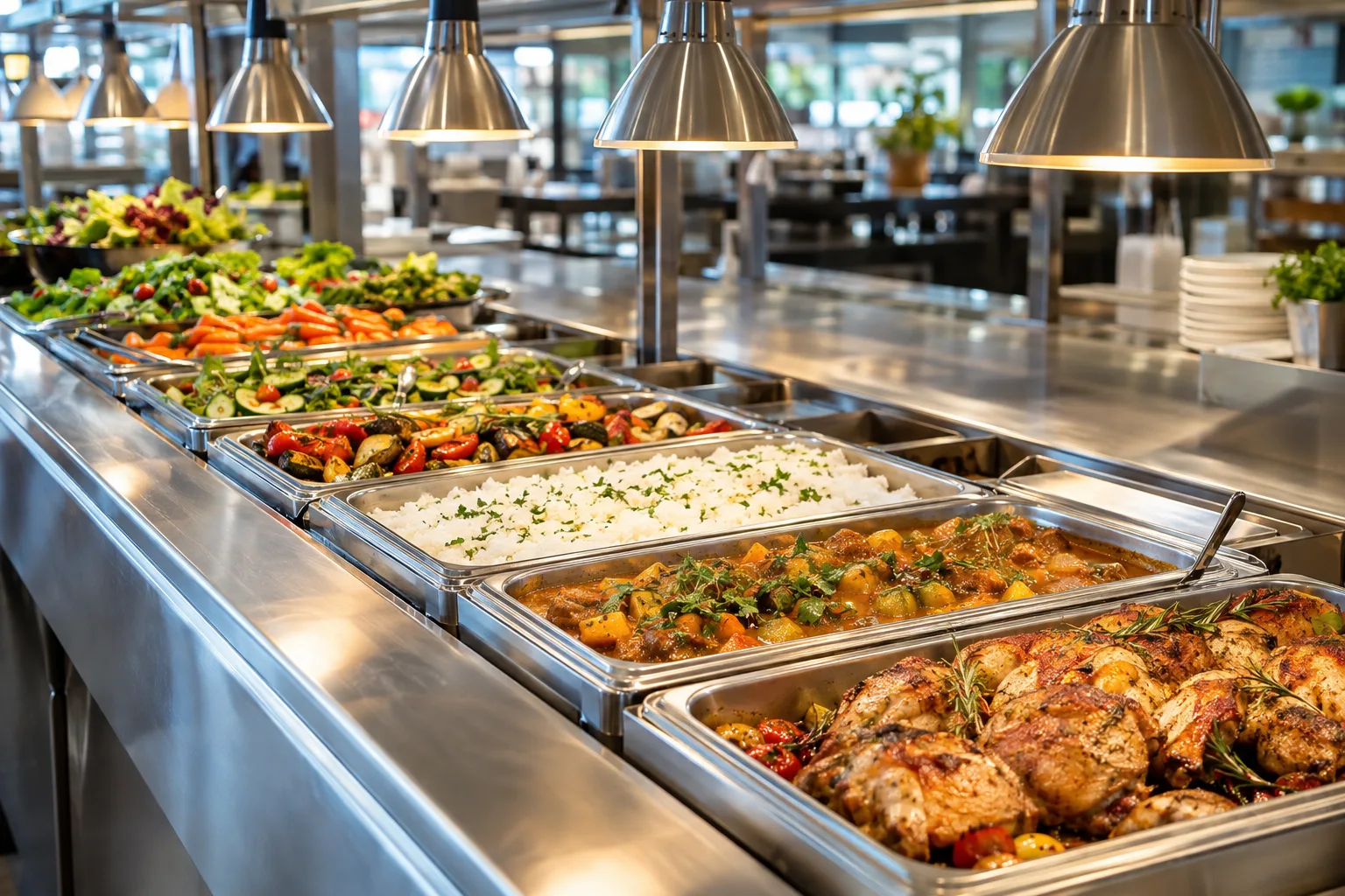 A generous hot food servery with roast chicken, curry, rice, roasted vegetables and salads